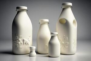 milk in decorated glass bottles on white background, illustration photo