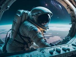 astronauta en traje espacial en el antecedentes de el planeta tierra. foto