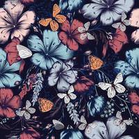 Fashion vector pattern with flowers ad butterflies in vintage style