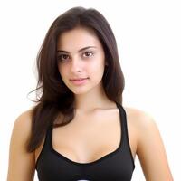 A smiling girl in black bra white background photo