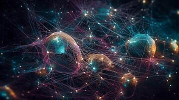 cuántico red visiones, un impresionante imagen de cuántico red conexiones y comunicación durante un iluminado por las estrellas noche ai generado foto