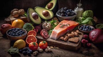 Ketogenic low carbs diet concept, vibrant, nutritious, balanced, appetizing, rustic, wooden background photo