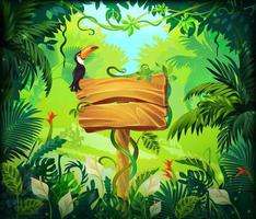 dibujos animados selva antecedentes. tropical bosque naturaleza marco, juego pantalla con de madera panel y verde exótico hojas. vector ilustraciones madera marrón letrero en salvaje mágico antecedentes