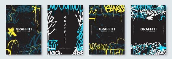 Abstract graffiti poster with colorful tags, paint splashes, scribbles and throw up pieces. Street art background collection. Artistic covers set in hand drawn graffiti style vector