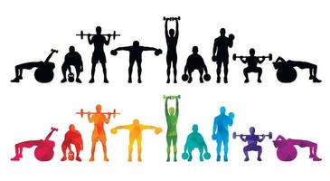 Detailed vector illustration silhouettes strong rolling people set girl and man sport fitness gym body-building workout powerlifting health training dumbbells barbell. Healthy lifestyle.