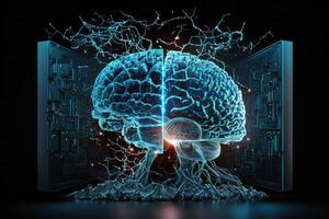 brain made out of technology fires of AI neurons into cyberspace . photo