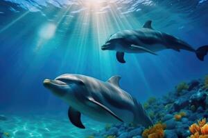 Beautiful dolphins under the sea . photo