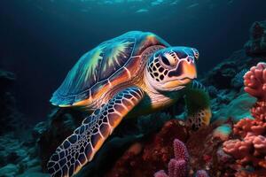 turtle swimming through luminescent vibrant colorful coral reef . photo