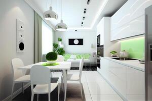 Modern new light interior of kitchen with white furniture and dining table . photo