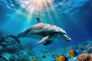 Beautiful dolphins under the sea . photo