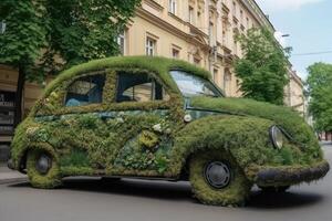 Car made of natural green plants. Eco friendly transportation. photo