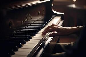 músico manos en piano teclado. clásico música instrumento. generativo ai foto