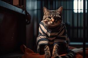gato en prisionero disfraz en prisión jaula. generativo ai foto