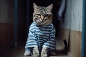 Cat in prisoner costume in prison cage. photo