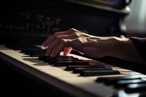 Musician hands on piano keyboard. Classical music instrument. photo