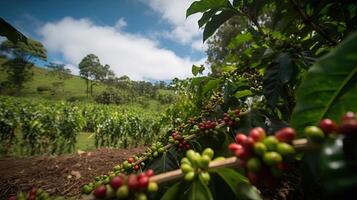 Coffee tree with red coffee beans on coffee plantation. photo