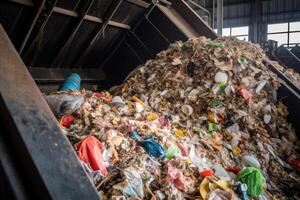 Conveyor belt with pile of waste at recycling plant. photo