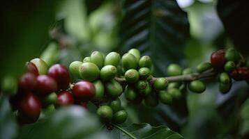 Coffee tree with red coffee beans on coffee plantation. photo