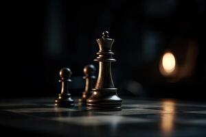 Chess pieces on chessboard, dark background. photo