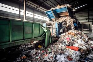 Conveyor belt with pile of waste at recycling plant. photo