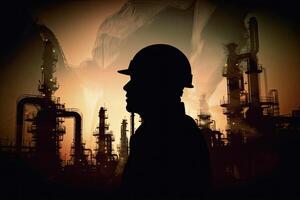 Silhouette of industrial worker with oil refinery plant as background. photo