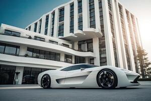 Modern sportcar parking near luxury hotel. photo