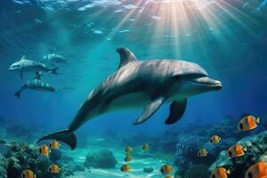 Beautiful dolphins under the sea . photo