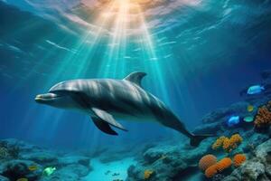 Beautiful dolphins under the sea . photo