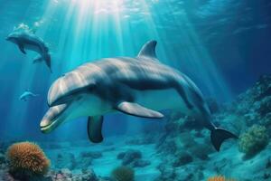 Beautiful dolphins under the sea . photo