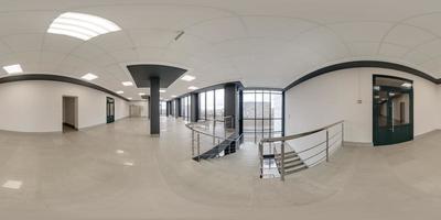 full spherical hdri 360 panorama view in empty modern hall near panoramic windows with columns, staircase and doors in equirectangular projection, ready for AR VR content photo