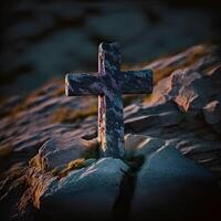 christian symbol on top of rock, cross symbol on the rock hill photo