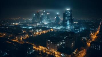 View of skyscrapers by drone at night , photo