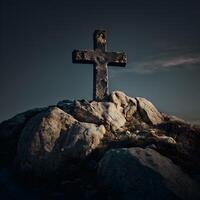 cross symbol on the rock hill,christian symbol on top of rock photo