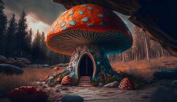 illustration of poisonous mushroom house,dwarf fairy housing from poisonous mushrooms photo