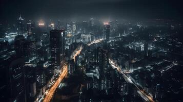 View of skyscrapers by drone at night , photo