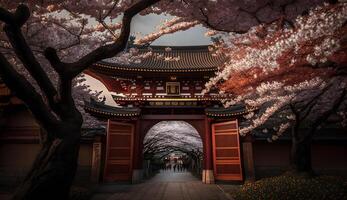toji gate in cherry blossom garden, japanese garden landscape .generative ai photo