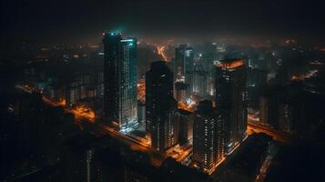 View of skyscrapers by drone at night , photo