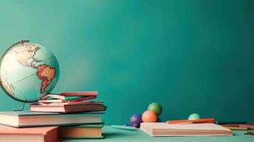 Books Stacked on a Wooden Desk in Preparation for Back to School Season. photo