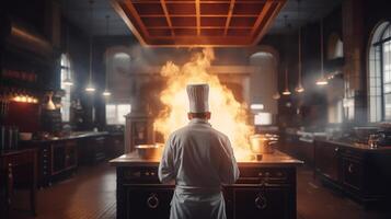 el Maestro cocinero en acción, creando culinario magia en medio de fumar y llamas en el restaurante cocina. generativo ai foto