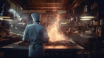 el Maestro cocinero en acción, creando culinario magia en medio de fumar y llamas en el restaurante cocina. generativo ai foto