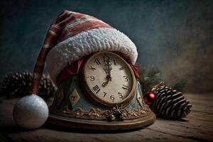 An alarm clock with a Santa hat is on the table next to the cone, . photo