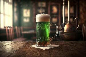 Beer mug of green Irish beer on table in pub. St. Patrick's day concept. photo