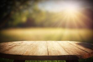 Empty wooden round table for product display with blurred garden background. photo
