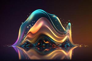 Iridescent holographic colorful undulatory liquid fluid abstract object with drops. photo