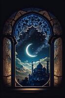 View from window on the Muslim mosque and the crescent moon at night. . photo