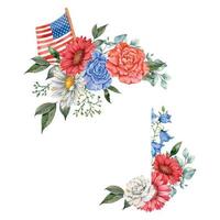 4th of July Patriotic Concept. Independence Day design element. Hand Painted Watercolor Floral Arrabgement . Botaical Illustration vector