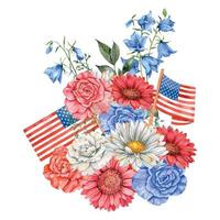 4th of July Patriotic Concept. Independence Day design element. Hand Painted Watercolor Floral Arrabgement . Botaical Illustration vector