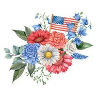 4th of July Patriotic Concept. Independence Day design element. Hand Painted Watercolor Floral Arrabgement . Botaical Illustration vector