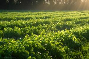 Pea field in the morning sun. Farming with natural ecological vegetables. . photo