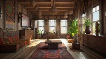 Design of a cozy living room interior in a modern ethnic style. . photo